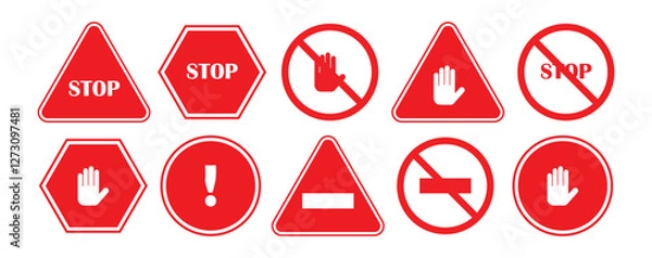 Fototapeta Stop, do not cross, ban, forbidden and alert icon set. Stop sign red color isolated. Vectors stop hand sign vector illustration.