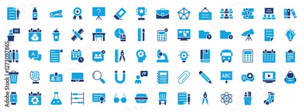 Obraz Set of Back to School icon. File, Calendar, Folder, Flask, Team, Refresh, Eye Contact, Eraser, Calculator, Archive, Clock, Team, School Bag, Setting, Agenda, Classroom, Clock vector illustration. 