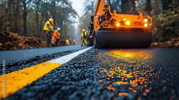 Obraz road construction crew applying yellow and white stripes on new asphalt surface