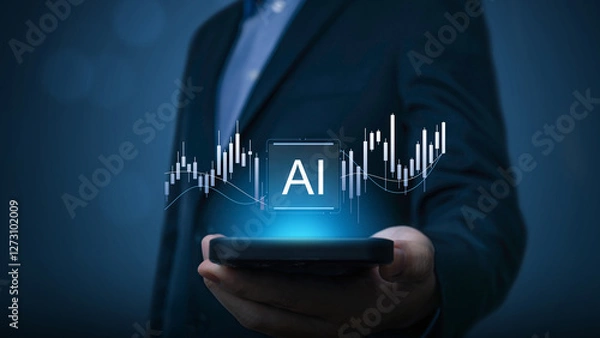 Obraz Artificial Intelligence for trading increase revenue asset and profit icon concept.Business hand holding Chart growth rate and growing arrow, analyzing investment diagram in business.