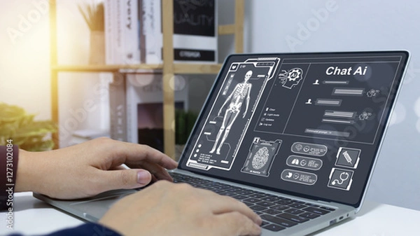 Obraz Artificial Intelligence with Medical worker touch virtual medical revolution and advance of technology,AI Deep Learning for medical research,Transformation of innovation for future Health.