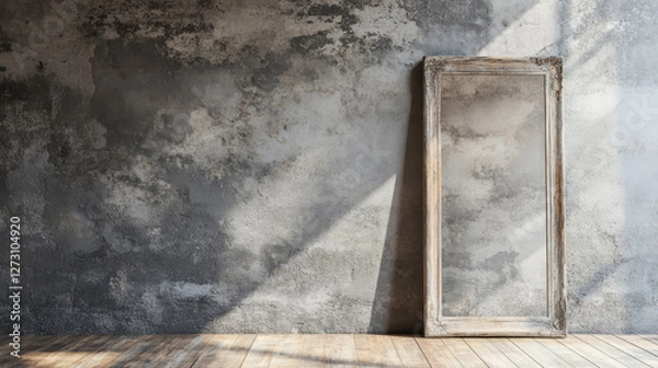 Fototapeta An antique vertical oak mirror frame with a weathered appearance, placed on an aged wooden floor against a distressed concrete wall, reminiscent of the late 1800s to early 1900s