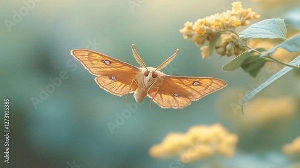 Obraz Orange moth in flight near yellow flowers.