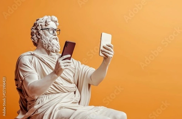 Obraz Classical Greek Statue Holding Two Smartphones on Orange Background