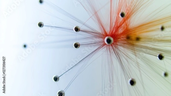 Fototapeta Abstract Network of Radiating Lines and Spheres in White, Gray, and Orange Red
