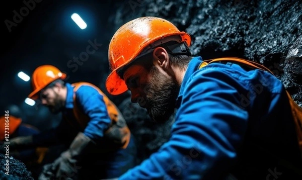 Obraz Coal Miners in Protective Gear Working Underground