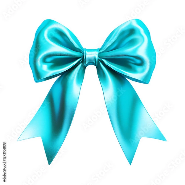 Fototapeta A bright turquoise ribbon bow, glowing with a glossy and silky surface on the solid white background.