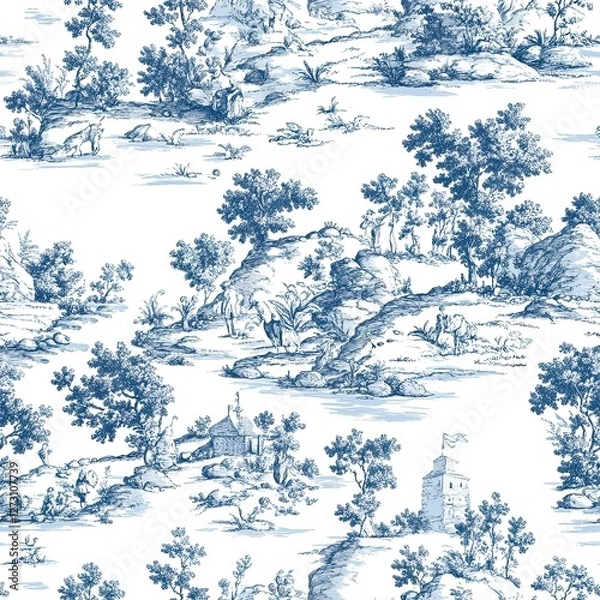 Obraz Classic Toile Pastoral Scenes Muted Seamless Pattern Design for Textile and Wallpaper