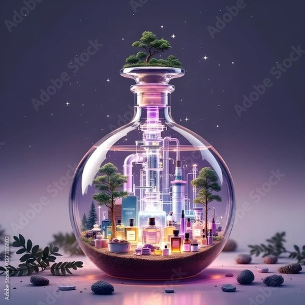 Fototapeta Magical City Inside a Glass Bottle with Lush Greenery"