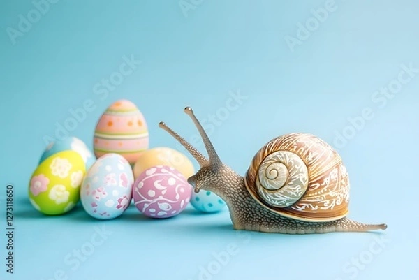 Fototapeta Whimsical Easter Snail with Decorated Shell . Playful Springtime Scene . The Background is in Pastel Blue with Copy Space.
