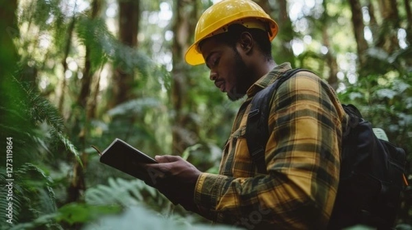 Fototapeta Forestry Technician Inspects Details in Dense Forest Environment
