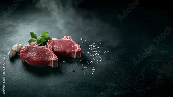 Fototapeta Perfectly marbled lamb chops and fresh mutton cutlets elegantly displayed on a dark stone background, with soft moody lighting highlighting their texture. A dusting of pink Himalay