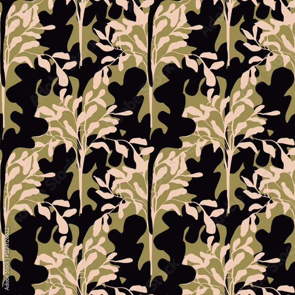 Fototapeta Vector seamless pattern with abstract stylized leaves and branches on a natural green background. Endless botanical ornament for wallpaper, fabric and other materials.