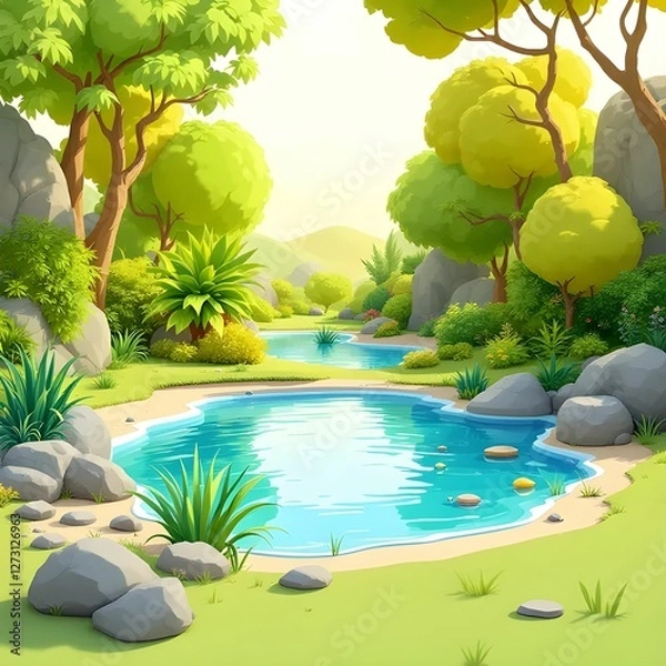 Fototapeta Tranquil Nature Scene with Lush Greenery and Clear Water"