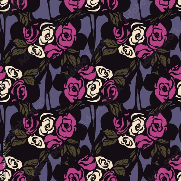 Fototapeta Retro style roses bouquet on lilac background seamless pattern. botanical endless ornament.