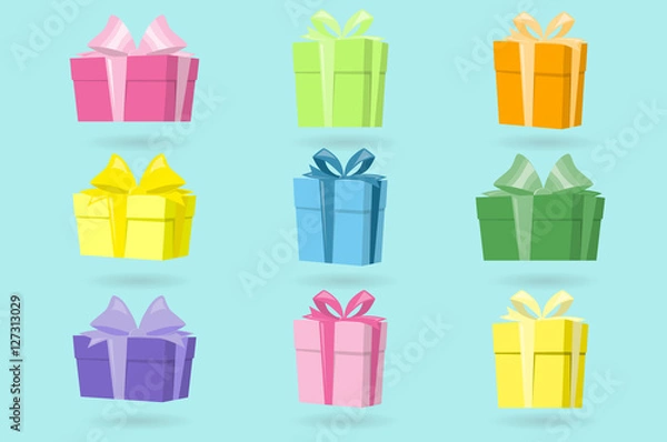 Fototapeta Set of colorful gift boxes. Design elements for decoration holidays greeting card, posters, banners. Happy birthday or merry christmas and happy new year. Cartoon style. Vector illustration