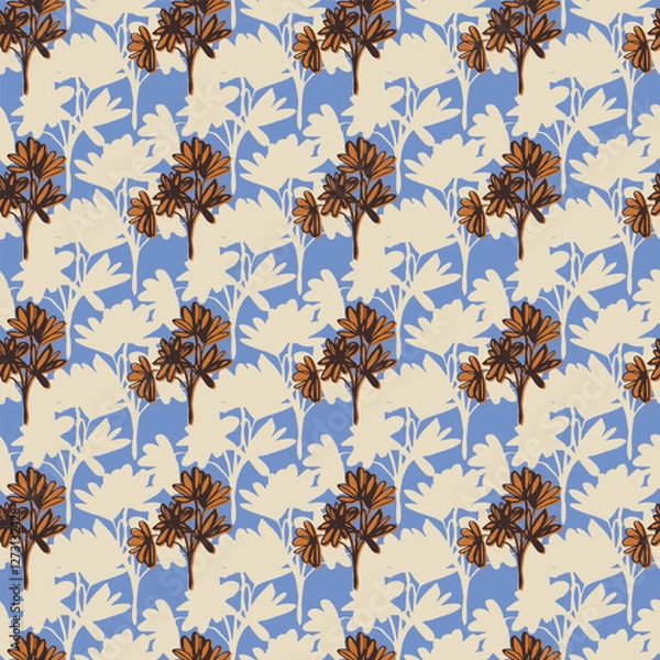 Fototapeta Twigs and leaves seamless pattern.Endless vector botanical ornament.Beige silhouettes of branches, orange flower with linear outline on blue background.