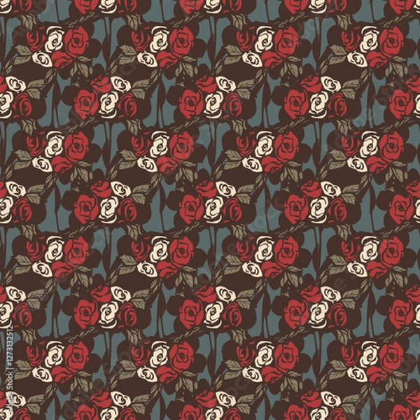 Fototapeta Vintage ornament with flowers. Vector seamless pattern with retro roses on a blue background.