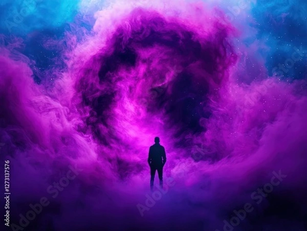 Fototapeta Silhouette of a Figure Standing in a Colorful Cosmic Cloud of Purple and Pink Hues
