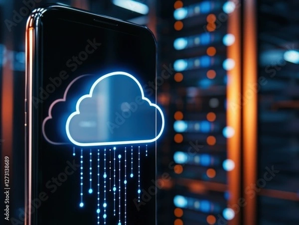 Fototapeta Smartphone Displaying Cloud Icon Representing Data Transfer and Storage in a Modern Server Environment