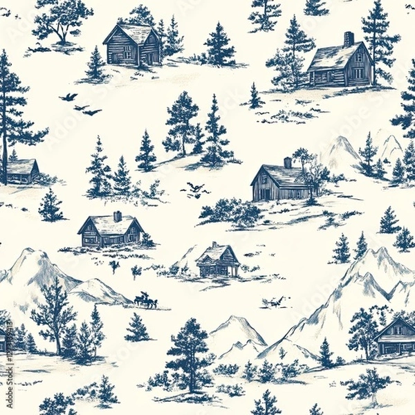 Obraz Rustic Toile Log Cabin Mountain Seamless Pattern Design for Fabric and Wallpaper