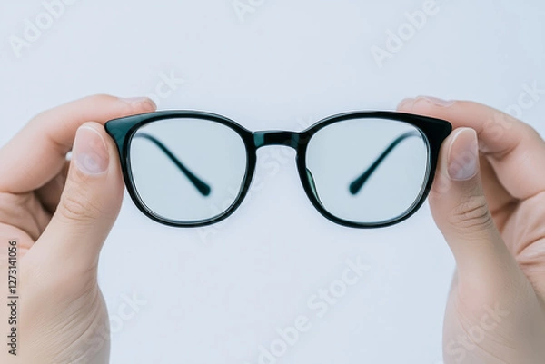 Fototapeta Minimalistic shot of an ophthalmologist wearing a white coat, holding a stylish pair of glasses