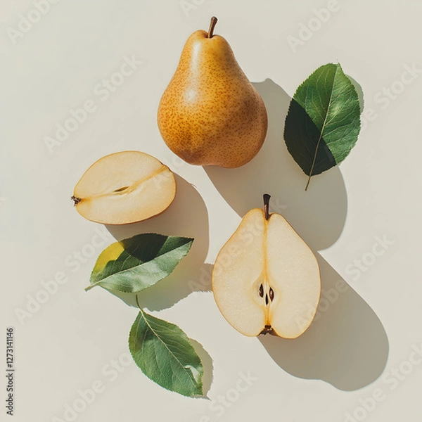 Fototapeta 
A realistic photograph of two whole and one sliced pear with green leaves, isolated on a white background.