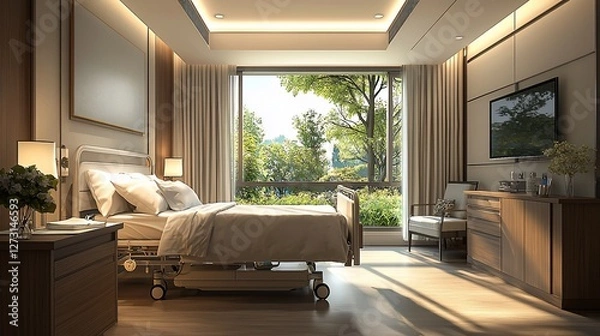 Obraz Luxurious hospital room with large window, bed, and TV.