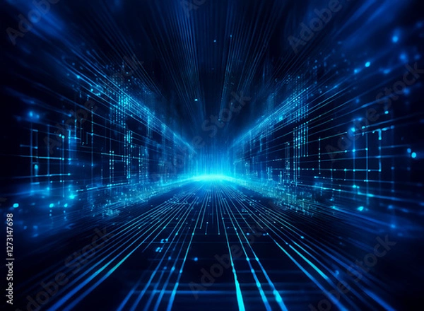 Fototapeta Abstract blue digital tunnel with converging light rays creates a futuristic perspective. Dynamic and technological visual.