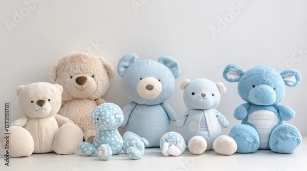 Fototapeta A cute nursery with a crib, plush toys, and soft toys, all arranged beautifully against a white background.