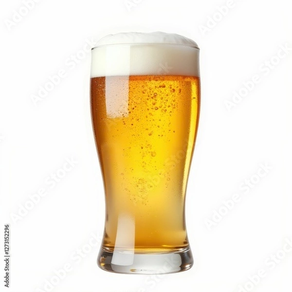 Fototapeta Refreshing Glass of Beer with Golden Hue and Frothy Foam against Clean White Background Refreshments
