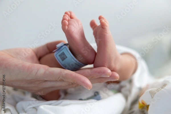 Obraz new born baby feet hold mother's hand with blurred QR Code of identity tag. concept : Premature or preterm baby in hospital. relationship between mother and baby.