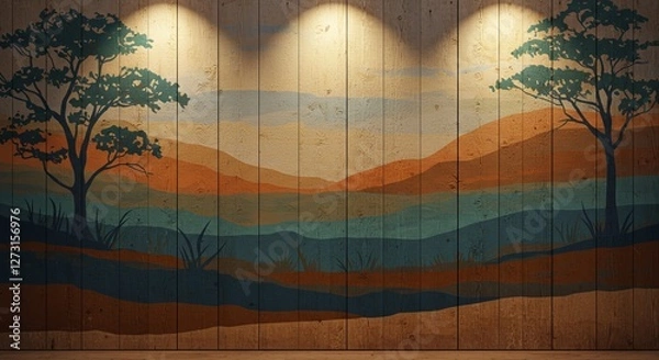 Fototapeta Rustic wooden wall mural with abstract mountain landscape art under soft lighting