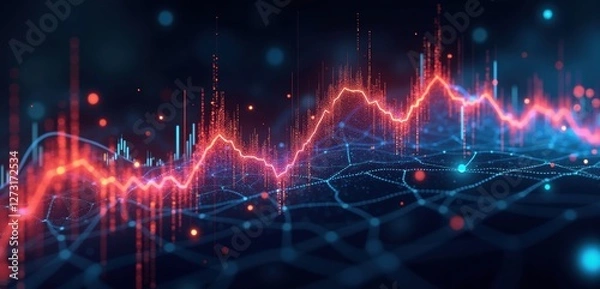 Obraz Abstract visualization of digital data flow and analytics, showcasing vibrant graph lines against a network background, ideal for technology, finance, and data science applications.