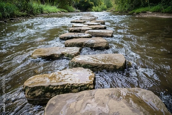 Fototapeta Stepping stones arranged across a flowing river in a lush green landscape. Natural stone pathway over water with moss-covered rocks and rippling reflections.