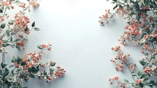 Fototapeta a white wall with a bunch of flowers on it and leaves on the side of the wall and a bunch of flowers on the other side of the wall. generative ai