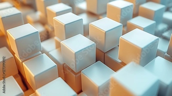 Fototapeta Abstract White Cubes Warm Light Pattern. AI Generated