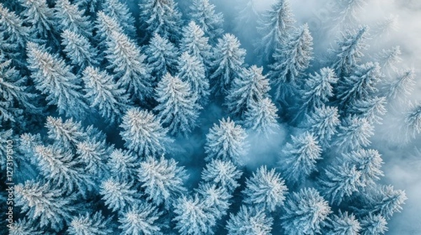 Fototapeta Aerial view of a snowy pine forest shrouded in mist