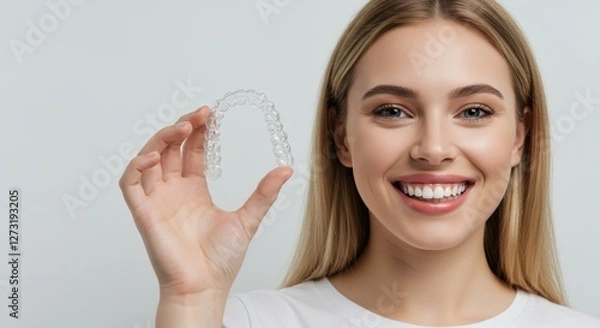Fototapeta Woman Smiling and Holding Invisalign Aligners: Perfect Smile Transformation