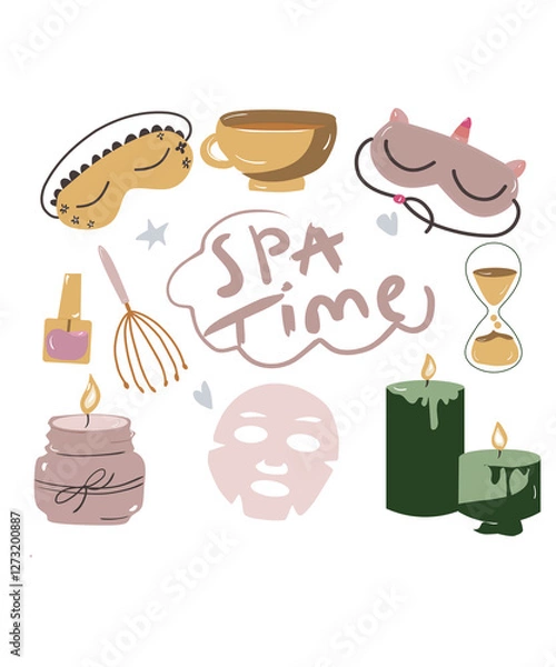Fototapeta vector spa set, beauty care and relaxation spa vector flat illustrations on a white background, sleep mask ,candles and face mask doodle illustration