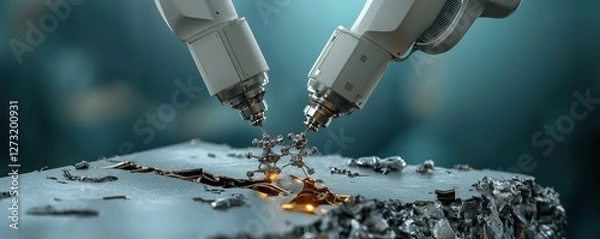 Fototapeta material science nano concept. Robotic arms performing precision work on a metallic surface.