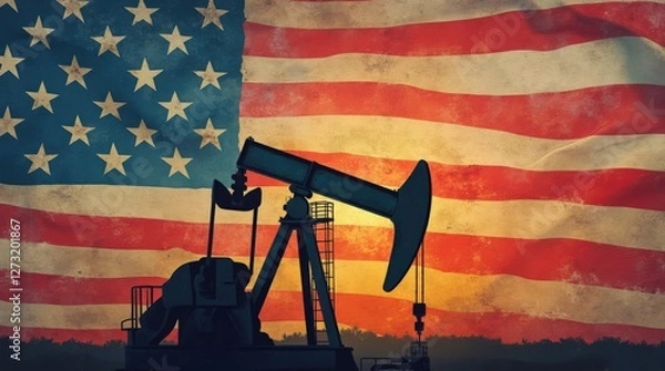 Fototapeta Symbolic Representation of Oil Industry Against United States Flag During Sunset