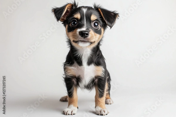 Fototapeta Professional Studio Portrait of Tricolor Chihuahua Mix Showing Distinctive Markings and Unique Personality Against Clean White Background with Premium Lighting Setup