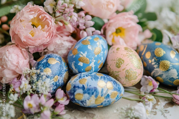 Obraz Colorful decorated Easter Place Setting with Easter Eggs, flowers on the table