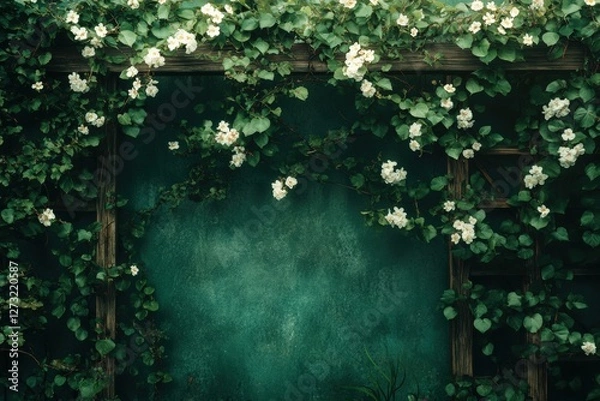 Fototapeta Lush green garden with blooming flowers surrounding wooden trellis. Generative AI