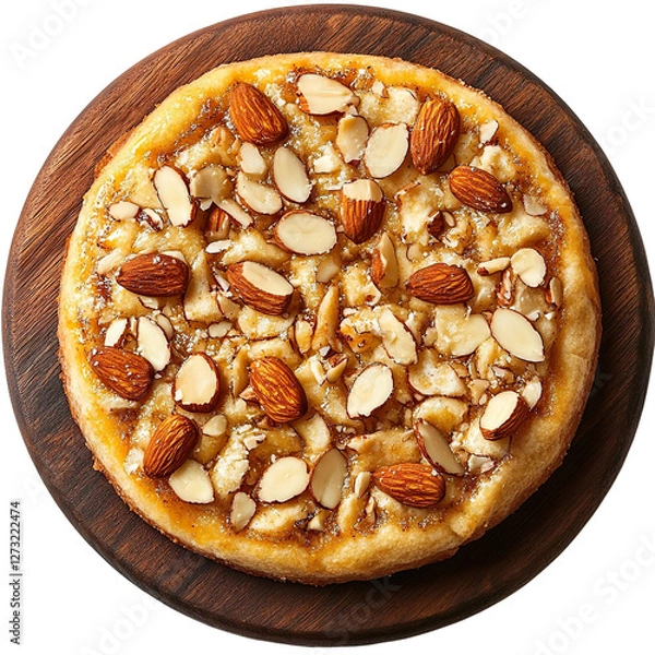 Fototapeta Top view of a delicious looking Bienenstich with almond topping on a dark wooden board isolated on a white transparent background