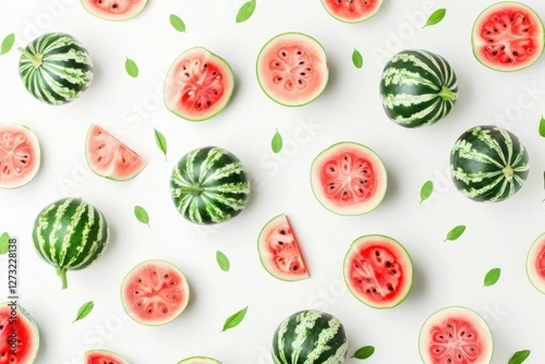 Fototapeta Fresh watermelons arranged artistically on a white background with slices and green leaves enhancing the vibrant presentation