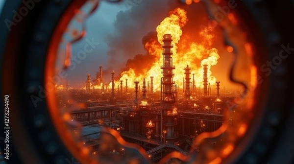 Fototapeta Industrial Firestorm Engulfing Refinery at Dusk With Flames and Billowing Smoke