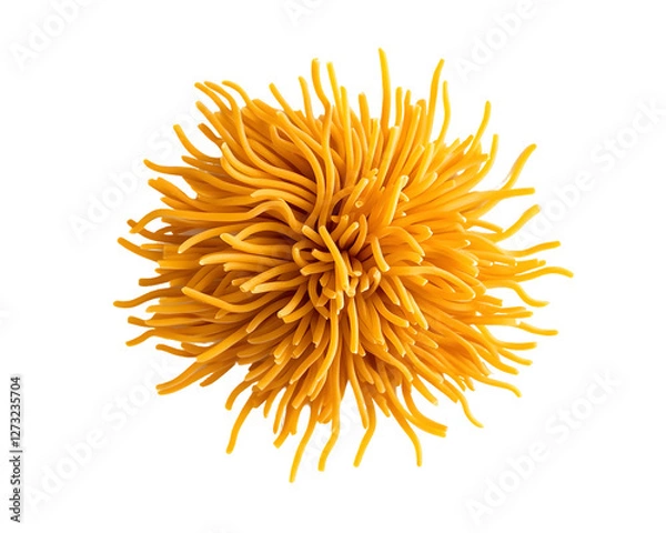 Obraz Abstract image of a yellow, textured sphere resembling a stylized flower or firework.  The sphere is composed of numerous thin, long strands radiating outwards. The background is transparent