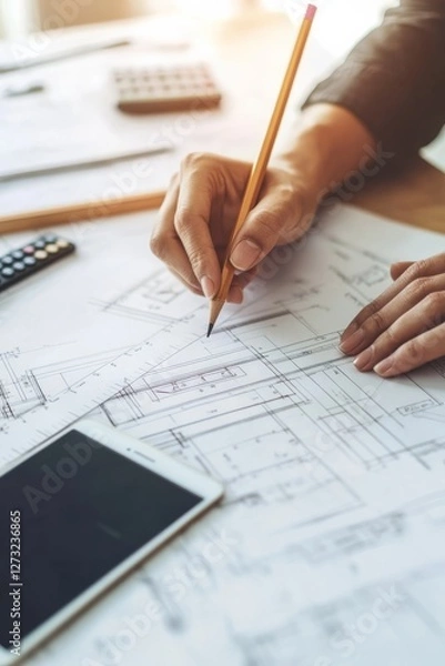 Obraz architect’s workspace with blueprints, a hard hat, and measuring tools, representing planning, design, and construction.  precision, innovation, and the fundamentals of architecture